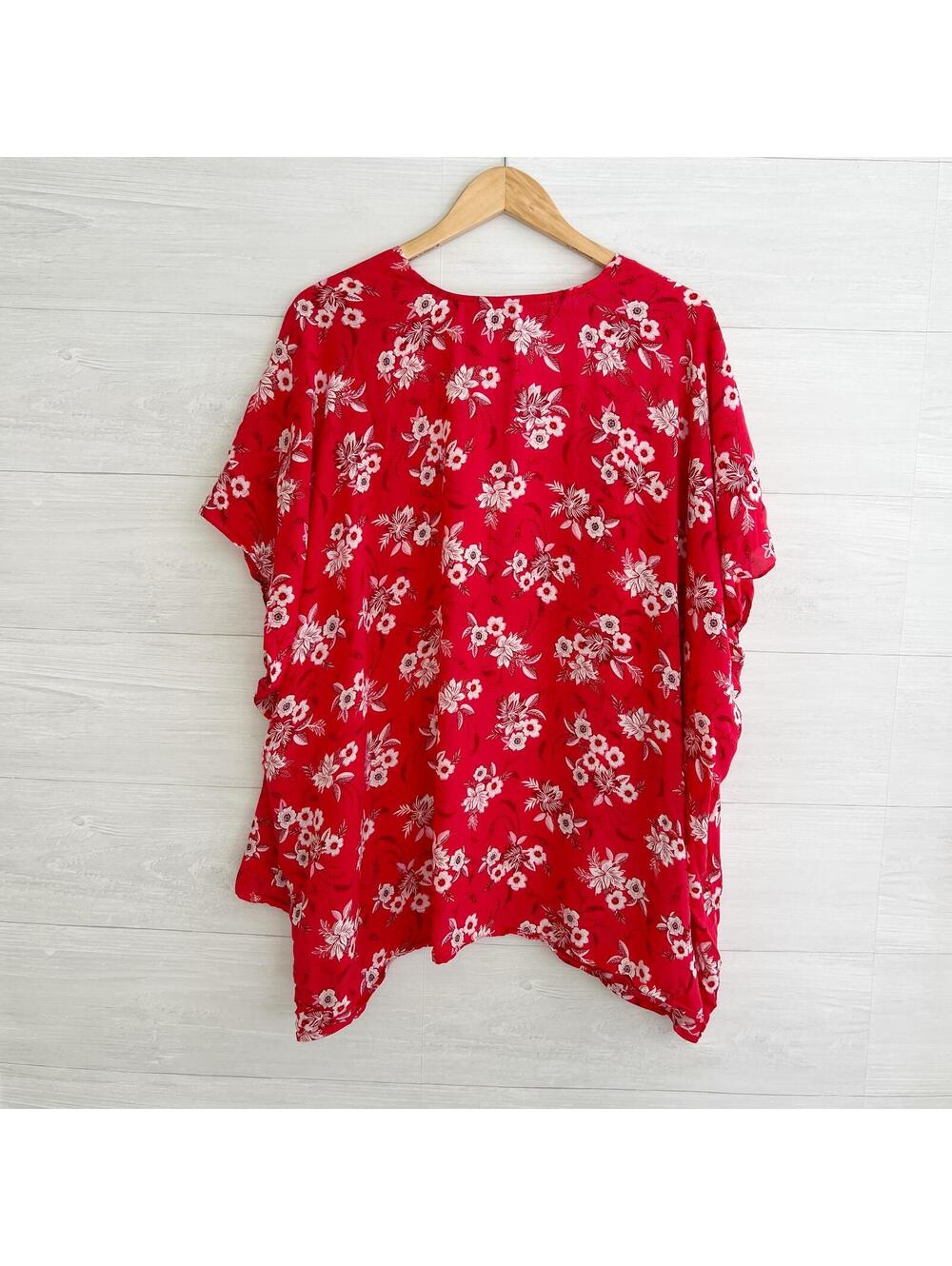 LOFT - Red floral lightweight open kimono top, M/L - Picture 4 of 9
